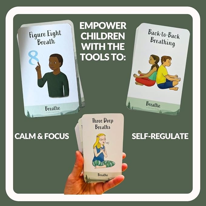 Breathing Exercise Cards for Kids, Deck for Classroom, Calm Down Corner Kit, Sensory Room, Social Emotional Yoga Games for Kids, Mindfulness Tools for Play Therapy, or Relaxation