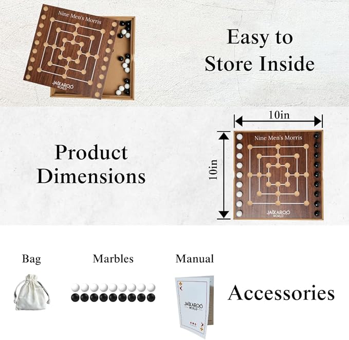 Nine Men's Morris Board Game - 2 Player Game Ancient Rome Board Game - Marble Strategy Game Wooden Tic Tac Teo Game Mill - Board Games for Men and Woman Wooden Games for Adults (Walnut)