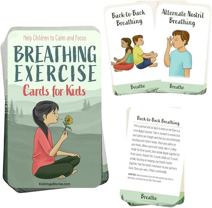 Breathing Exercise Cards for Kids, Deck for Classroom, Calm Down Corner Kit, Sensory Room, Social Emotional Yoga Games for Kids, Mindfulness Tools for Play Therapy, or Relaxation