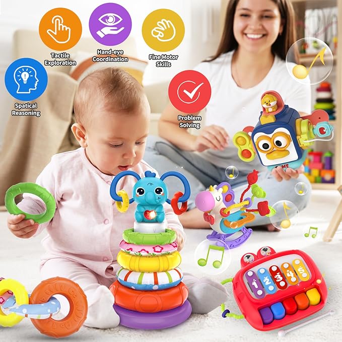 4 in 1 Baby Toys for 6 12 18 Month, Learning Toys for Babies 6-12 Months, Busy Cube, Stacking Sorter, Piano Xylophone Pull String Travel Toy, Birthday Gifts for Toddlers 1 2 Years Old