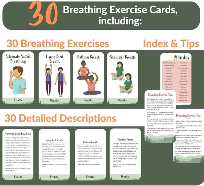 Breathing Exercise Cards for Kids, Deck for Classroom, Calm Down Corner Kit, Sensory Room, Social Emotional Yoga Games for Kids, Mindfulness Tools for Play Therapy, or Relaxation