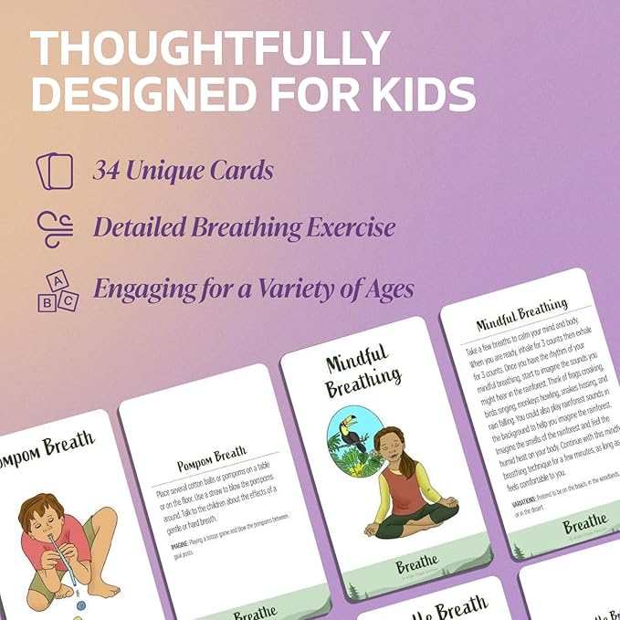 Breathing Exercise Cards for Kids, Deck for Classroom, Calm Down Corner Kit, Sensory Room, Social Emotional Yoga Games for Kids, Mindfulness Tools for Play Therapy, or Relaxation