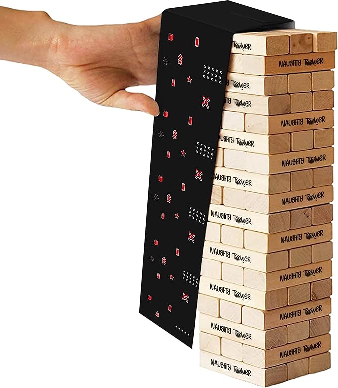 Naughty Tower Stacking Wooden Block Game for Grown Ups – Couple Dare Questions – All Genders & Relationships – Exciting, Pleasing, & Funny Challenges - Couples Date Night Gift - Date Night Fun (54 CT)
