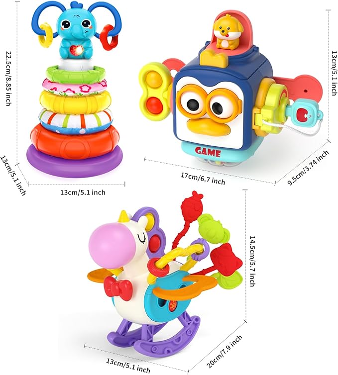 Baby Toys for 1+ Year Old, Busy Board Sensory Toys for Toddlers 1-3, Baby Toys for 12-18 Months, Pull String Teether, Stacking Blocks, 3 in 1 Travel Toy Gifts for 1 2 3 Year Old Boy Girl