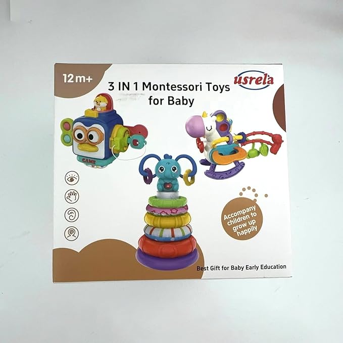 Baby Toys for 1+ Year Old, Busy Board Sensory Toys for Toddlers 1-3, Baby Toys for 12-18 Months, Pull String Teether, Stacking Blocks, 3 in 1 Travel Toy Gifts for 1 2 3 Year Old Boy Girl