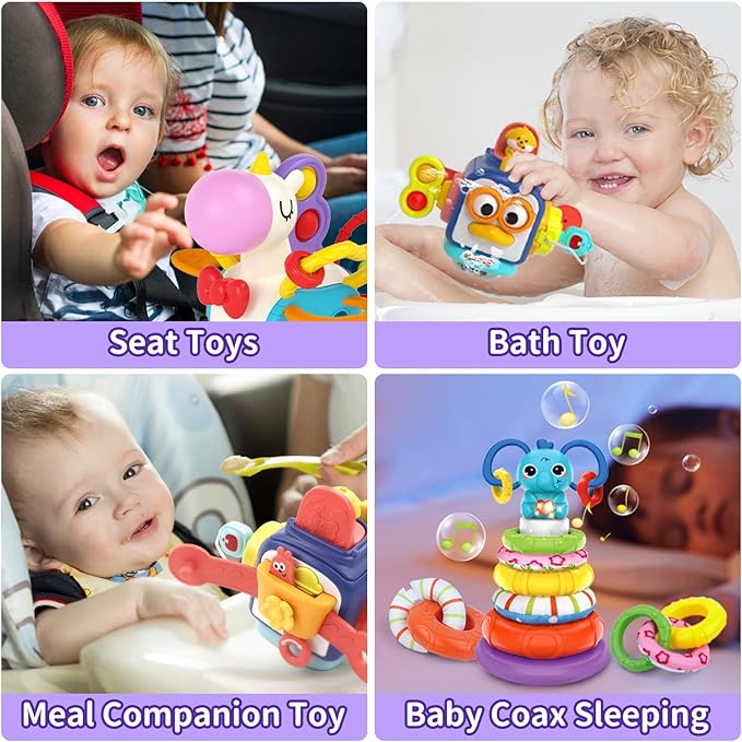 Baby Toys for 1+ Year Old, Busy Board Sensory Toys for Toddlers 1-3, Baby Toys for 12-18 Months, Pull String Teether, Stacking Blocks, 3 in 1 Travel Toy Gifts for 1 2 3 Year Old Boy Girl
