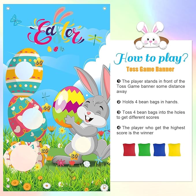Easter Games, Funny Bunny & Egg Toss Game, with 4 Bean Bags, Premium Banner and Accessories, Easter Party Games for Kids Adults Family Outdoor, Party Activities Supplies
