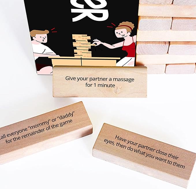 Naughty Tower Stacking Wooden Block Game for Grown Ups – Couple Dare Questions – All Genders & Relationships – Exciting, Pleasing, & Funny Challenges - Couples Date Night Gift - Date Night Fun (54 CT)