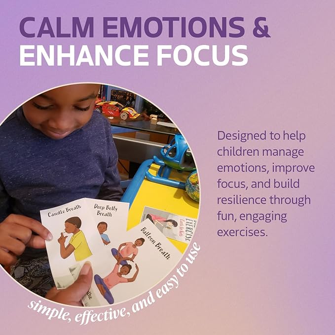 Breathing Exercise Cards for Kids, Deck for Classroom, Calm Down Corner Kit, Sensory Room, Social Emotional Yoga Games for Kids, Mindfulness Tools for Play Therapy, or Relaxation