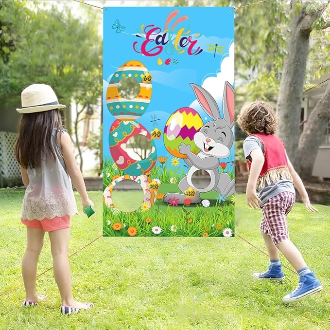 Easter Games, Funny Bunny & Egg Toss Game, with 4 Bean Bags, Premium Banner and Accessories, Easter Party Games for Kids Adults Family Outdoor, Party Activities Supplies