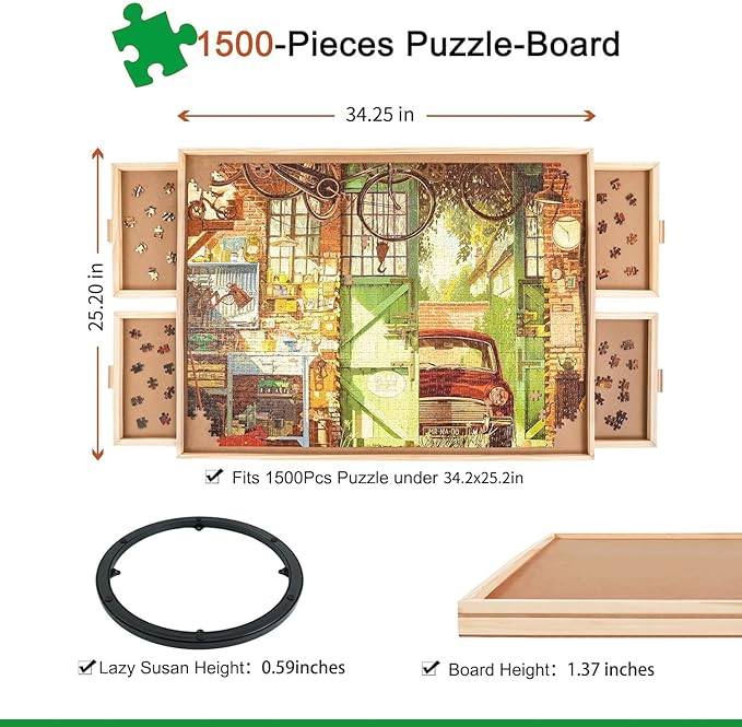 ALL4JIG 1500 Piece Rotating Puzzle Board with Drawers and Cover,25"x34"Portable Wooden Jigsaw Puzzle Table for Adults Portable,Lazy Susan Spinning Puzzle Boards Birthday Gift for mom