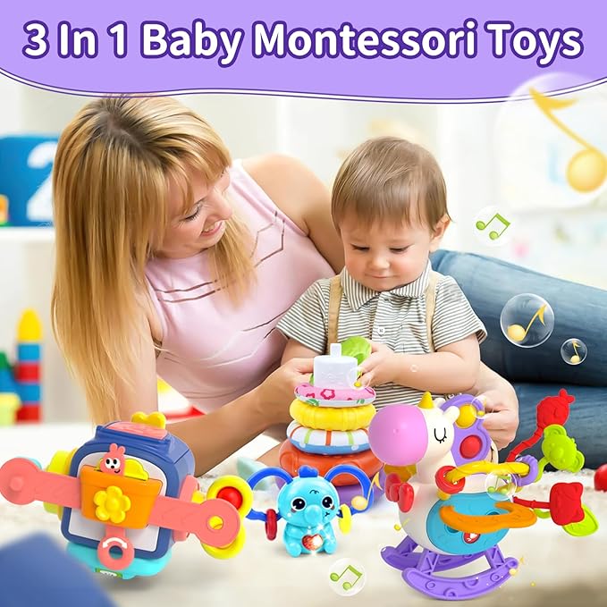Baby Toys for 1+ Year Old, Busy Board Sensory Toys for Toddlers 1-3, Baby Toys for 12-18 Months, Pull String Teether, Stacking Blocks, 3 in 1 Travel Toy Gifts for 1 2 3 Year Old Boy Girl