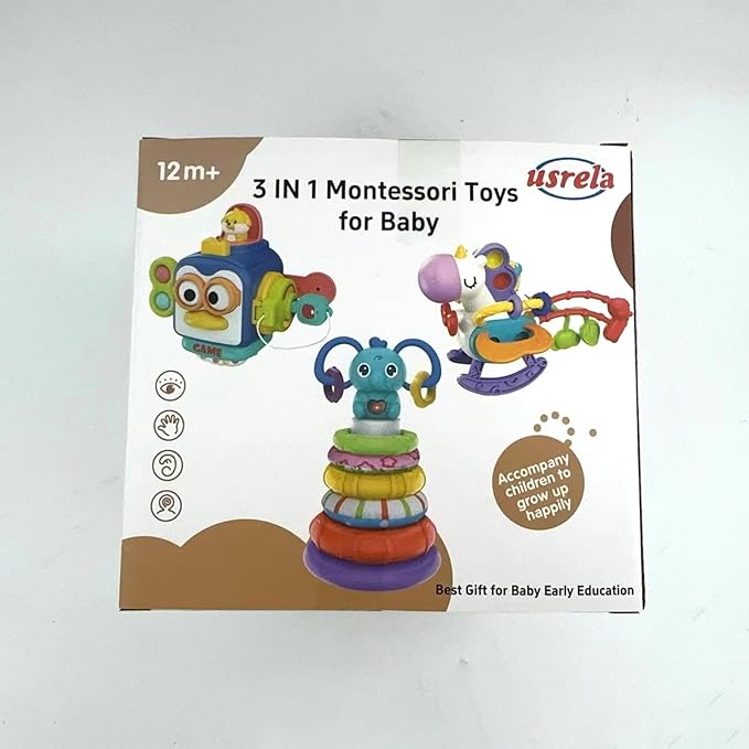 Baby Toys for 1+ Year Old, Busy Board Sensory Toys for Toddlers 1-3, Baby Toys for 12-18 Months, Pull String Teether, Stacking Blocks, 3 in 1 Travel Toy Gifts for 1 2 3 Year Old Boy Girl