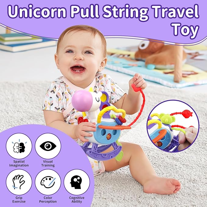Baby Toys for 1+ Year Old, Busy Board Sensory Toys for Toddlers 1-3, Baby Toys for 12-18 Months, Pull String Teether, Stacking Blocks, 3 in 1 Travel Toy Gifts for 1 2 3 Year Old Boy Girl
