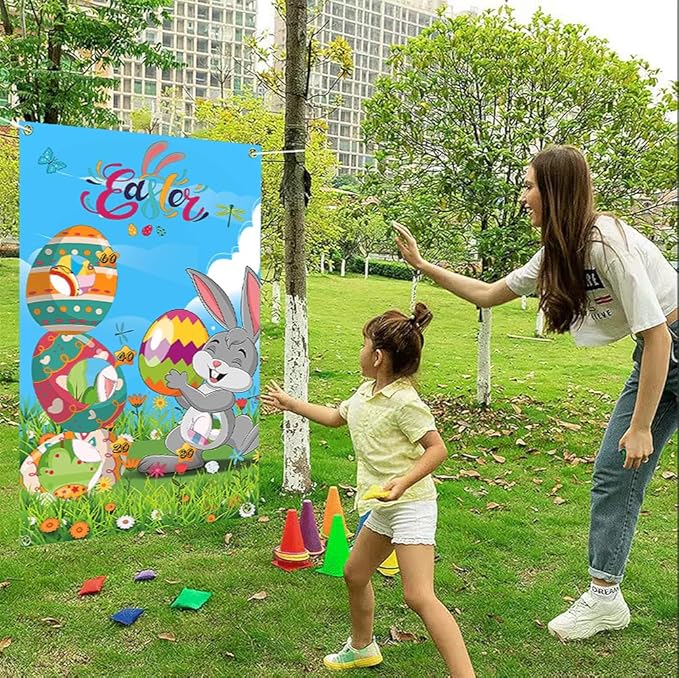 Easter Games, Funny Bunny & Egg Toss Game, with 4 Bean Bags, Premium Banner and Accessories, Easter Party Games for Kids Adults Family Outdoor, Party Activities Supplies