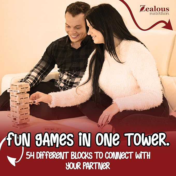 Naughty Tower Stacking Wooden Block Game for Grown Ups – Couple Dare Questions – All Genders & Relationships – Exciting, Pleasing, & Funny Challenges - Couples Date Night Gift - Date Night Fun (54 CT)