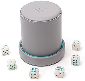 Luck Lab Grey Leather Dice Cup with Lid Including 6 Matching Pearl Dice - Teal Velvet Interior for Quiet Shaking - Use for Liars Dice Farkle Yahtzee Board Games, Grey