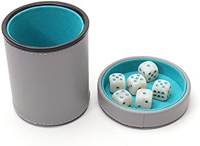 Luck Lab Grey Leather Dice Cup with Lid Including 6 Matching Pearl Dice - Teal Velvet Interior for Quiet Shaking - Use for Liars Dice Farkle Yahtzee Board Games, Grey