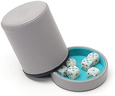 Luck Lab Grey Leather Dice Cup with Lid Including 6 Matching Pearl Dice - Teal Velvet Interior for Quiet Shaking - Use for Liars Dice Farkle Yahtzee Board Games, Grey
