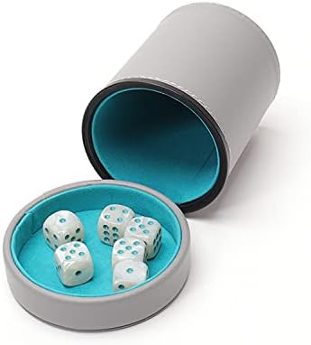 Luck Lab Grey Leather Dice Cup with Lid Including 6 Matching Pearl Dice - Teal Velvet Interior for Quiet Shaking - Use for Liars Dice Farkle Yahtzee Board Games, Grey