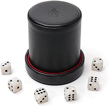 Luck Lab Black Leather Dice Cup with Lid Including 6 Matching Pearl Dice - Red Velvet Interior for Quiet Shaking - Use for Liars Dice Farkle Yahtzee Board Games