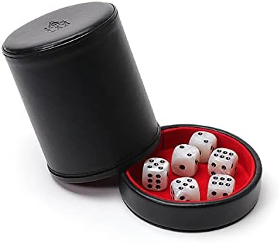 Luck Lab Black Leather Dice Cup with Lid Including 6 Matching Pearl Dice - Red Velvet Interior for Quiet Shaking - Use for Liars Dice Farkle Yahtzee Board Games