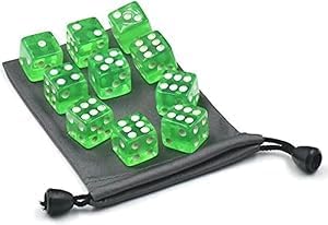 10 Pcs 6 Sided Dice D6 RPG D&D Game Transparent Green + Bag Set Role Playing Dice Dice and Accessories(Green 19mm)