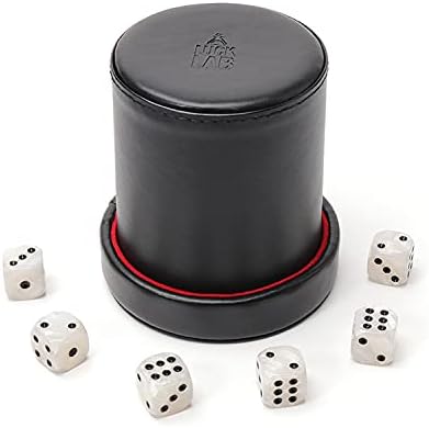 Luck Lab Black Leather Dice Cup with Lid Including 6 Matching Pearl Dice - Red Velvet Interior for Quiet Shaking - Use for Liars Dice Farkle Yahtzee Board Games