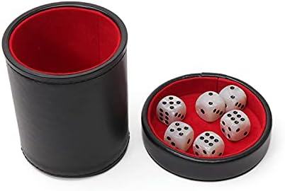 Luck Lab Black Leather Dice Cup with Lid Including 6 Matching Pearl Dice - Red Velvet Interior for Quiet Shaking - Use for Liars Dice Farkle Yahtzee Board Games