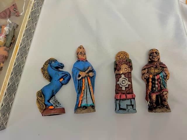 Illari Peru. Chess set Peruvian with storage box. Incas Vs Spanish Conquerors. Hand Painted Wooden. Small 7.8 x 7.8 inches. Medium10.2 x 10.2 inches. Large 15.8 x 15.8 inches.. (M, BLUE)