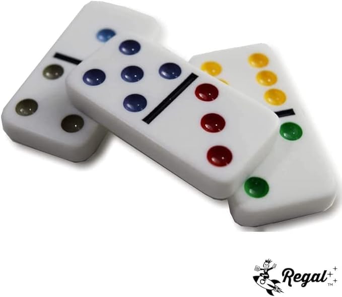 Regal Games Mexican Train Double 15 Dominoes Set for Adults & Kids - Domino Game with 136 Tiles Colored Dots & 8 Metal Trains - 2-8 Player Games & Ideal for Family Fun Game Night and Travel (Ages 8+)