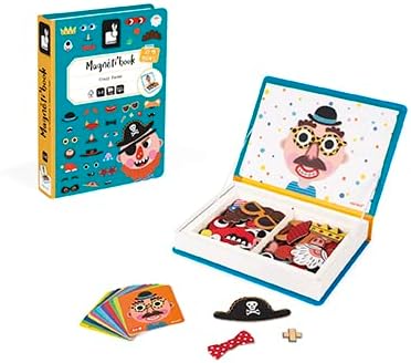 Janod Magnetibook 83 Pc Magnetic Boy Crazy Face Dress Up Game for Imagination Play - Book Shaped Travel/Storage Case Included - S.T.E.M. Toy for Ages 3+