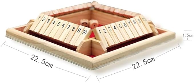 Dice Games Shut The Box Game, Red Classic 4 Sided Wooden Board Game Flip 10 Numbers Classic Tabletop Games Family Math Strategy Game for Christmas Party Classroom Home or Pub Bar