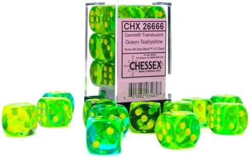 Gemini Dice Block | Set of 12 Size D6 Dice | Designed for Board Games, Roleplaying Games & Miniature Games | Premium Quality 16 mm | Translucent Green-Teal Yellow Color | Made by Chessex