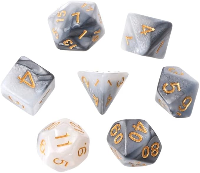 7pcs/Set D4 D6 D8 D10 D12 D20 Dichromatic Polyhedral Dices for Beginner Role Playing Game D&D Dice Set Party Table Board Game Supplies，with A Silver Pouch(WhiteBlack)
