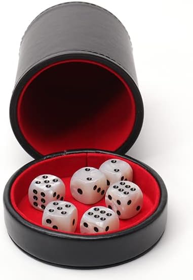 Luck Lab Black Leather Dice Cup with Lid Including 6 Matching Pearl Dice - Red Velvet Interior for Quiet Shaking - Use for Liars Dice Farkle Yahtzee Board Games