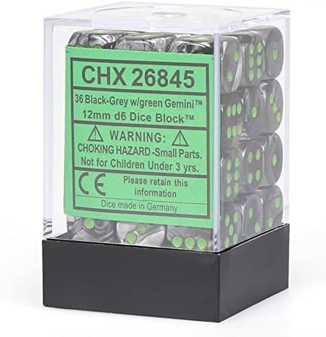 Chessex d6 Sets: Gemini Black & Grey/Gray with Green - 12mm Six Sided Die (36)