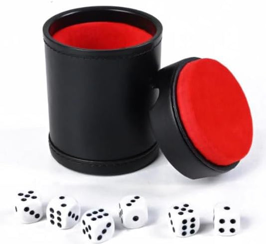 Dice Cup Leather Set with Lid, Felt-Lined PU Leather Quiet Shaker for Yahtzee Farkle Dice Board Games, Set of Six 16mm Dice Included
