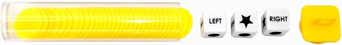 Left Right Center Dice Game Prime Set Bundle with 3 Dices + 36 Chips. Round Tube Storage is Very Convenient for Travel. Easy to Store, Carry Around. (Yellow)
