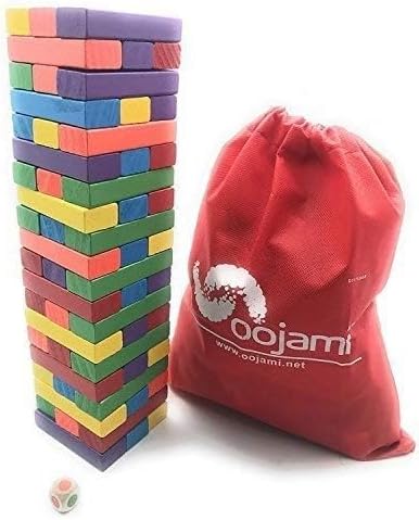 Oojami Wooden Tumbling Timber Toppling Stacking Board Games Building Blocks for Kids - 60 Pieces with Storage Bag Color Match Play Sets for Kids and Families