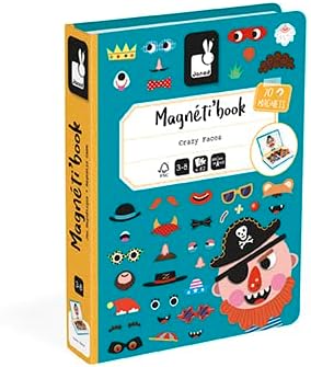 Janod Magnetibook 83 Pc Magnetic Boy Crazy Face Dress Up Game for Imagination Play - Book Shaped Travel/Storage Case Included - S.T.E.M. Toy for Ages 3+