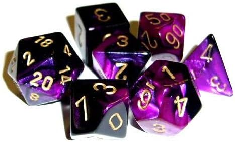 Chessex Manufacturing Cube Gemini Set Of 7 Dice - Black & Purple With Gold Numbering CHX-26440