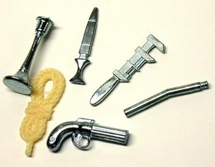 Clue Board Game Replacement Weapons Set (6) Pewter Rope Candlestick Dagger Wrench Lead Pipe Revolver