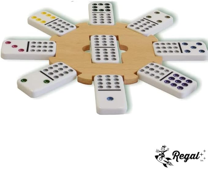Regal Games Mexican Train Double 15 Dominoes Set for Adults & Kids - Domino Game with 136 Tiles Colored Dots & 8 Metal Trains - 2-8 Player Games & Ideal for Family Fun Game Night and Travel (Ages 8+)