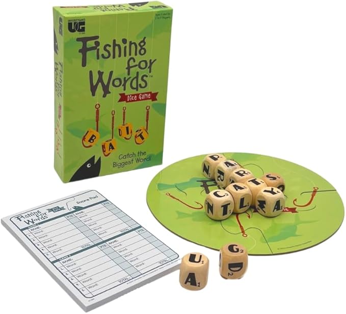 Fishing for Words, Dice Game, Word Game, Travel Game, Family Game, Bar Game, 2 to 4 players, ages 8 and up, Green