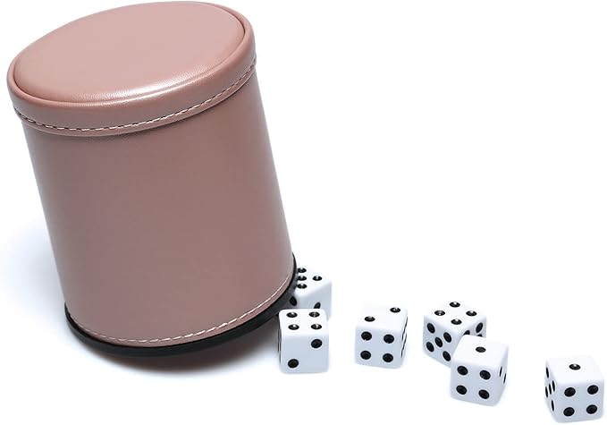 Leatherette Dice Cup Set, Rose Gold Leather and Lilac Mist Velvet Interior Professional Dice Cup with 6 Black Dot Dice for Liars Dice Farkle Yahtzee Board Games, 1 Pack