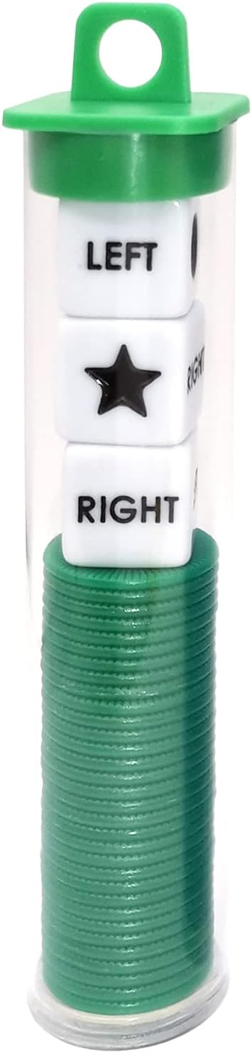 Left Right Center Dice Game Prime Set Bundle with 3 Dices + 36 Chips. Round Tube Storage is Very Convenient for Travel. Easy to Store, Carry Around. (Green)