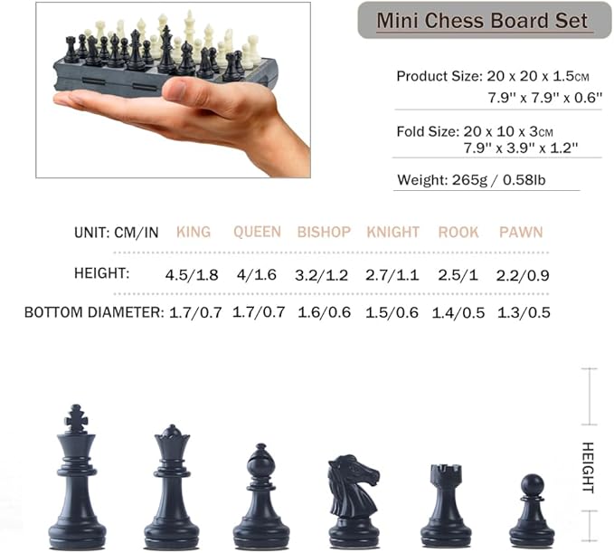 Travel Magnetic Mini Chess Set-6.5'', Folding Chess Board Game, Educational Toys/Gift for Adults and Kids (Mini Set -Black Pieces)