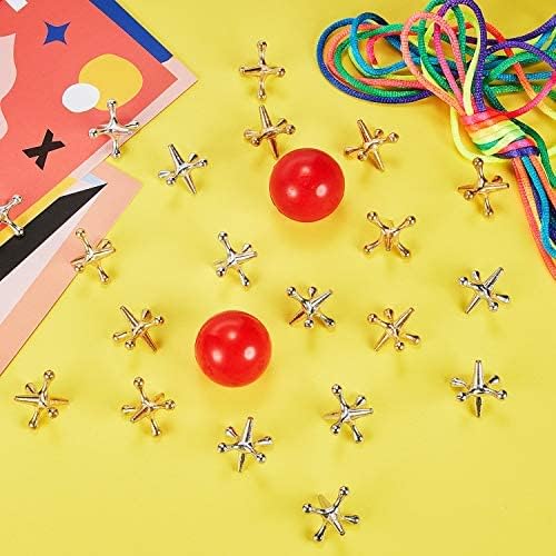 4 Set Vintage Metal Jacks and Ball Toys Kit Retro Jax Game Classic Board Games Include 40 Pieces Metal Jacks and 4 Pieces Red Rubber Balls with Bag for Kids Adults Family Holiday Party Favor