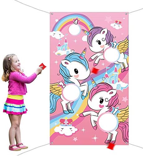 Blulu Unicorn Bean Bag Toss Game for Kids Outdoor Toys Unicorn Toss Game Banner with 3 Nylon Bean Bags Birthday Party Game Backyard Yard Activities for Toddler Birthday Gift for Girls